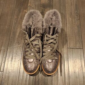 INC International Concepts Gray Sparkle Lace-Up Faux Fur Boot Sneakers